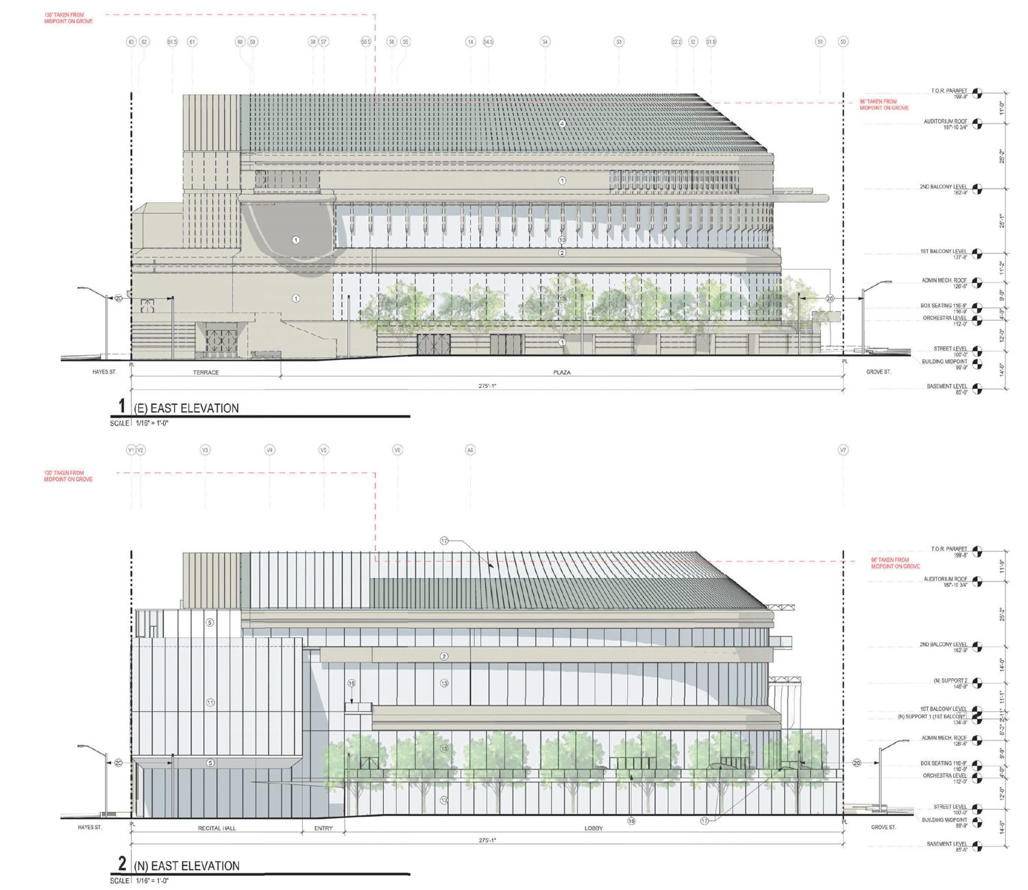 San Francisco Symphony Hall existing (top) and proposed changes (bottom) along the east elevation, illustration by Mark Cavagnero Associates