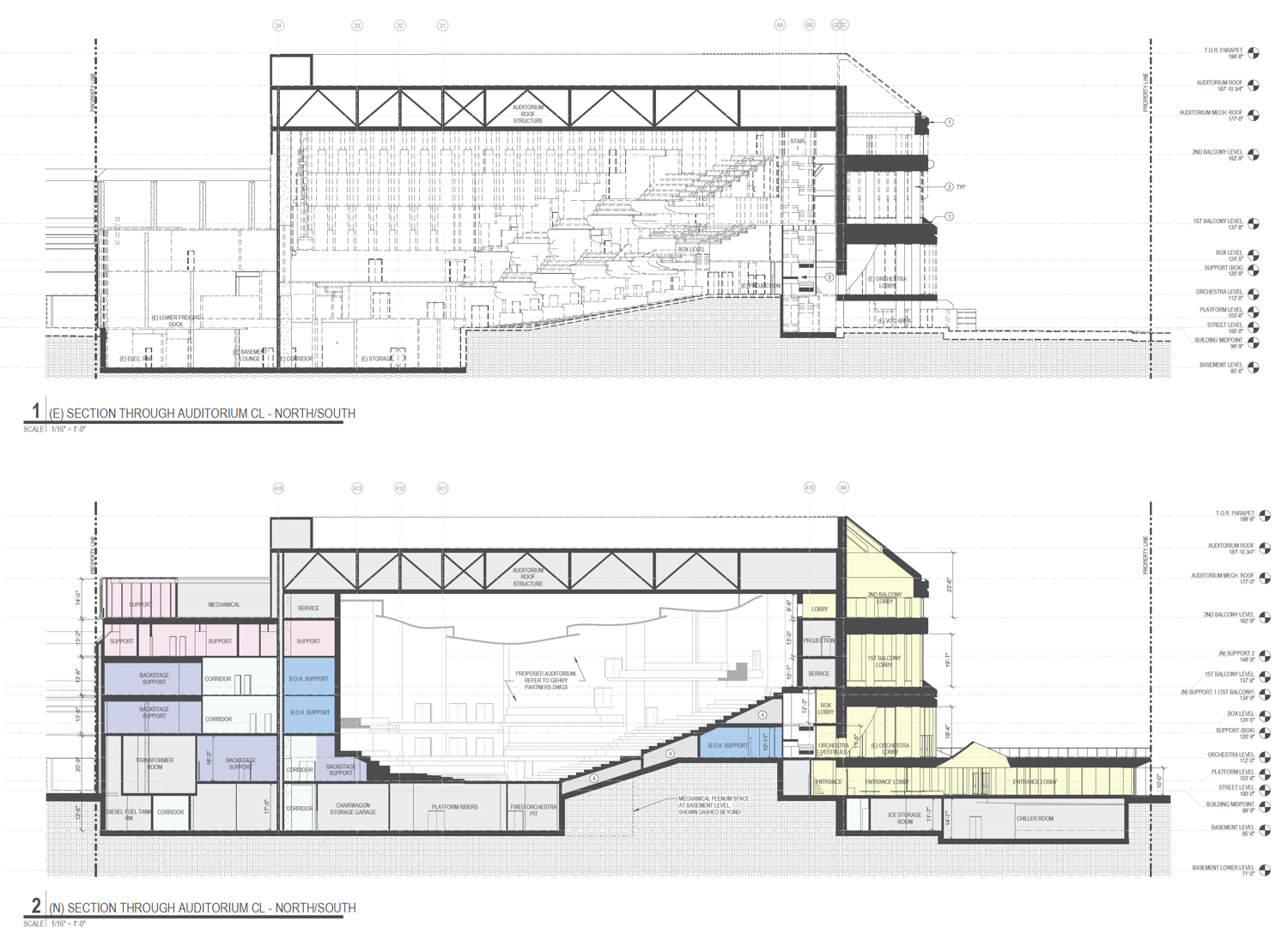San Francisco Symphony Hall existing (top) and proposed changes (bottom) for the interior concert hall, cross-section illustration by Cavagnero and Gehry