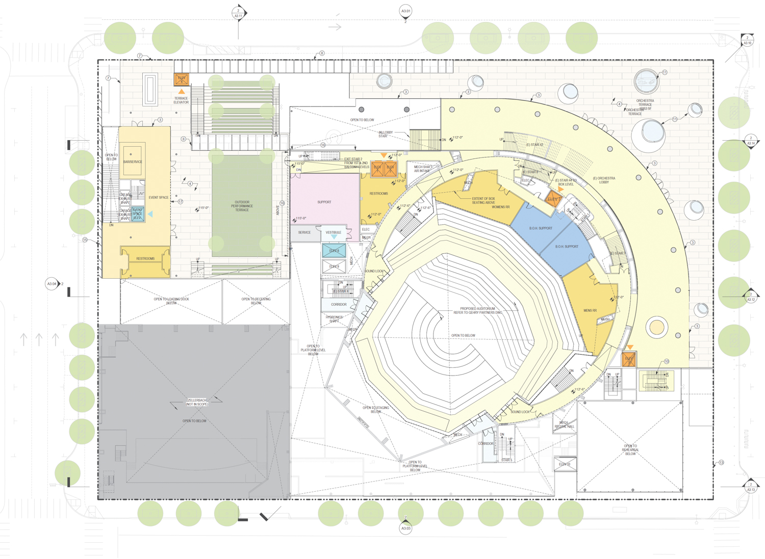 San Francisco Symphony Hall proposed orchestra-level floor plan, illustration by Cavagnero and Gehry