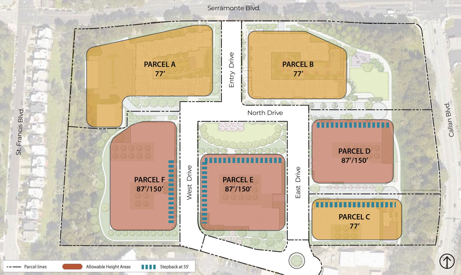 Serramonte Del Rey parcel projected height limits, illustration via Draft EIR by Placeworks