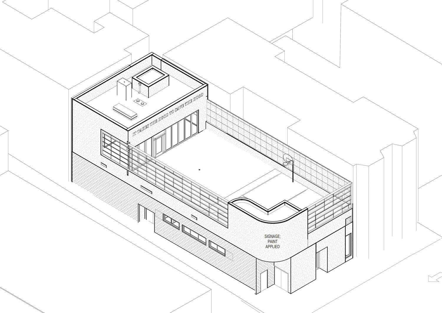 United Playaz Clubhouse axonometric view, rendering by Arquitectonica