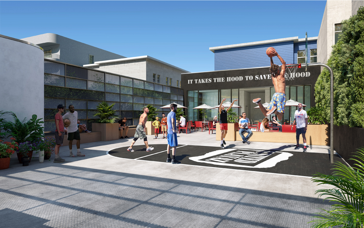 United Playaz Clubhouse rooftop basketball court, rendering by Arquitectonica