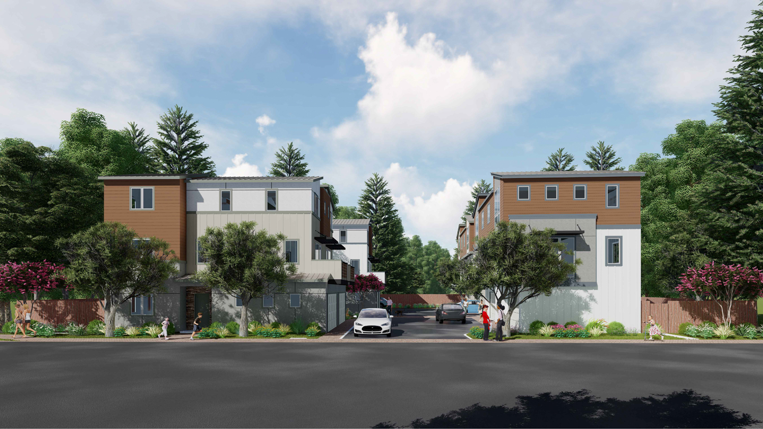 Walden Garden Townhomes looking down the internal driveway, rendering by Edward Novak Architecture