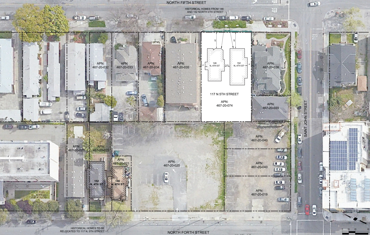 100 North 4th Street and the proposed site for the Queen Anne houses, image by author