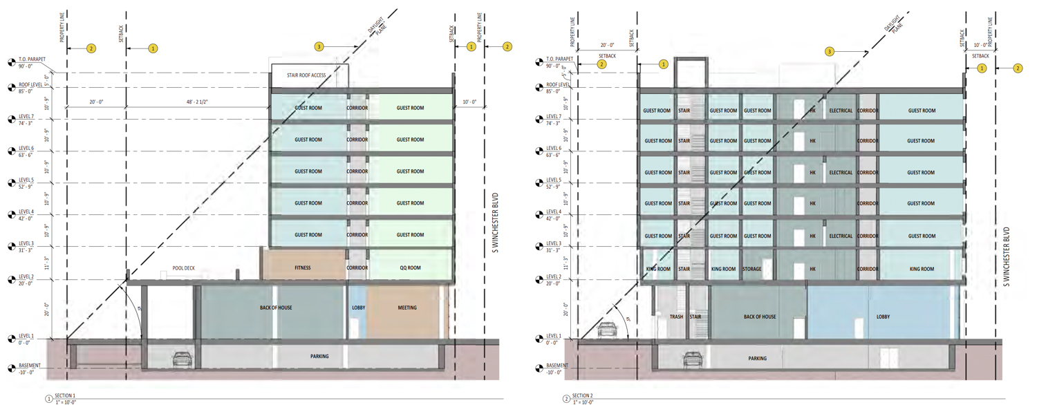 425 South Winchester Boulevard vertical cross-section, illustration by Lowney Architecture