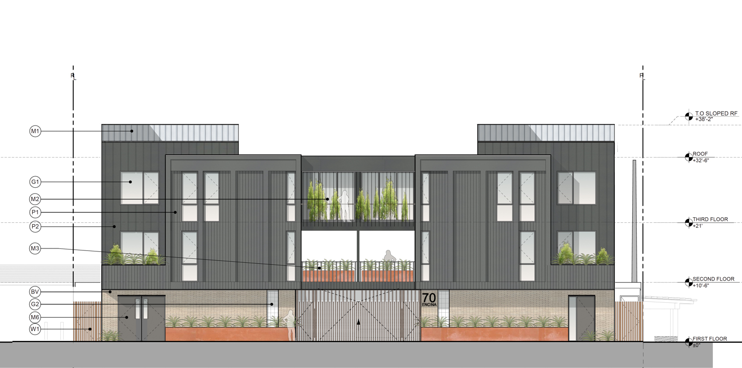 70 Encina Avenue front elevation, illustration by Hayes Group Architects