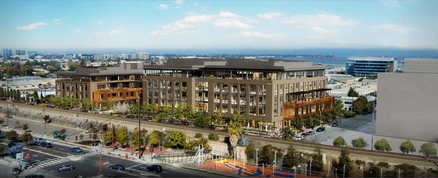 841 Old Country Road aerial view from across the Caltrain tracks, rendering by Studios Architecture