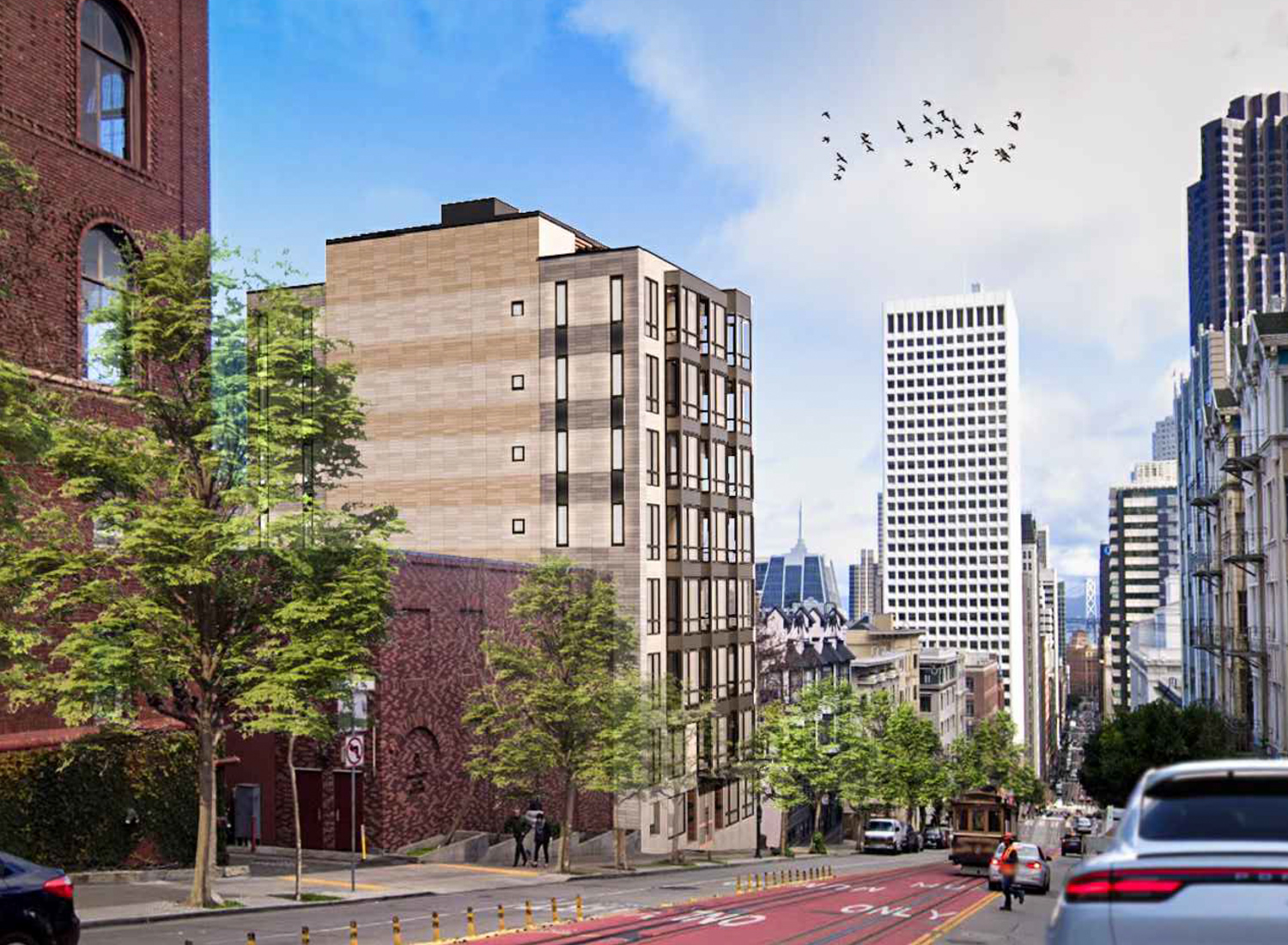 842 California Street facing with 650 California Street in the background, rendering by Cass Calder Smith