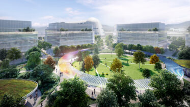 Berkeley Space Center trellis aerial view of the central courtyard, rendering by Field Operations and HOK