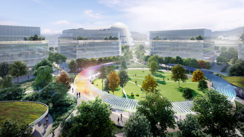 Berkeley Space Center trellis aerial view of the central courtyard, rendering by Field Operations and HOK