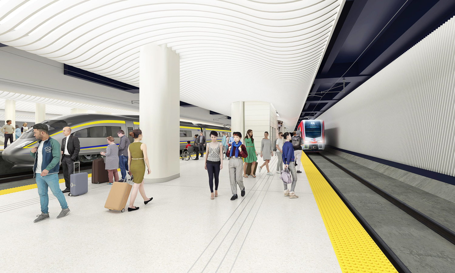 Downtown Portal proposed platform with Caltrain and HSR trains, rendering by TJPA