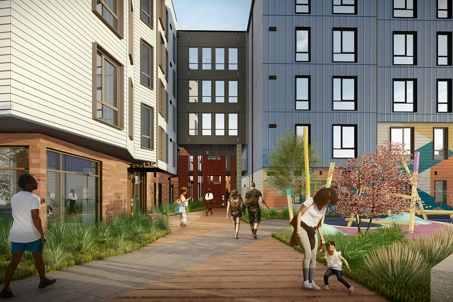 Shirley Chisholm Village Educator Housing courtyard view, rendering by BAR Architecture