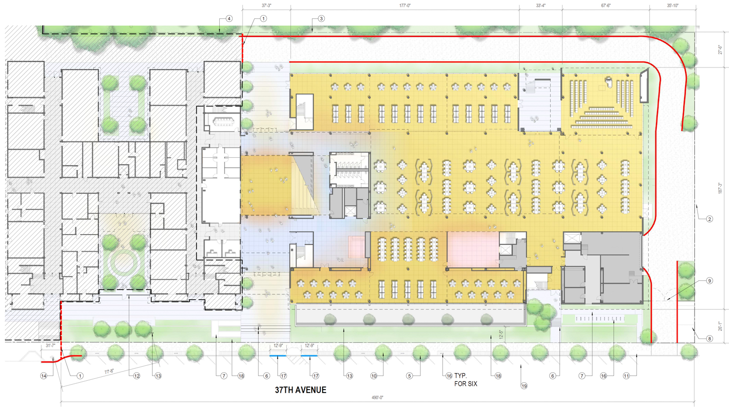 St Ignatius College Preparatory Campus ground-level floor plan, illustration by Mark Cavagnero Associates