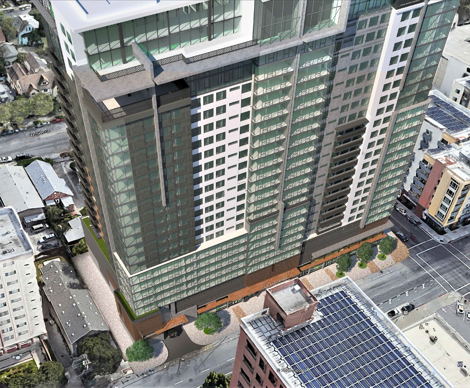 Student Housing at 100 North 4th Street aerial view looking towards the 4th Street lobby, rendering by LPMD Architects