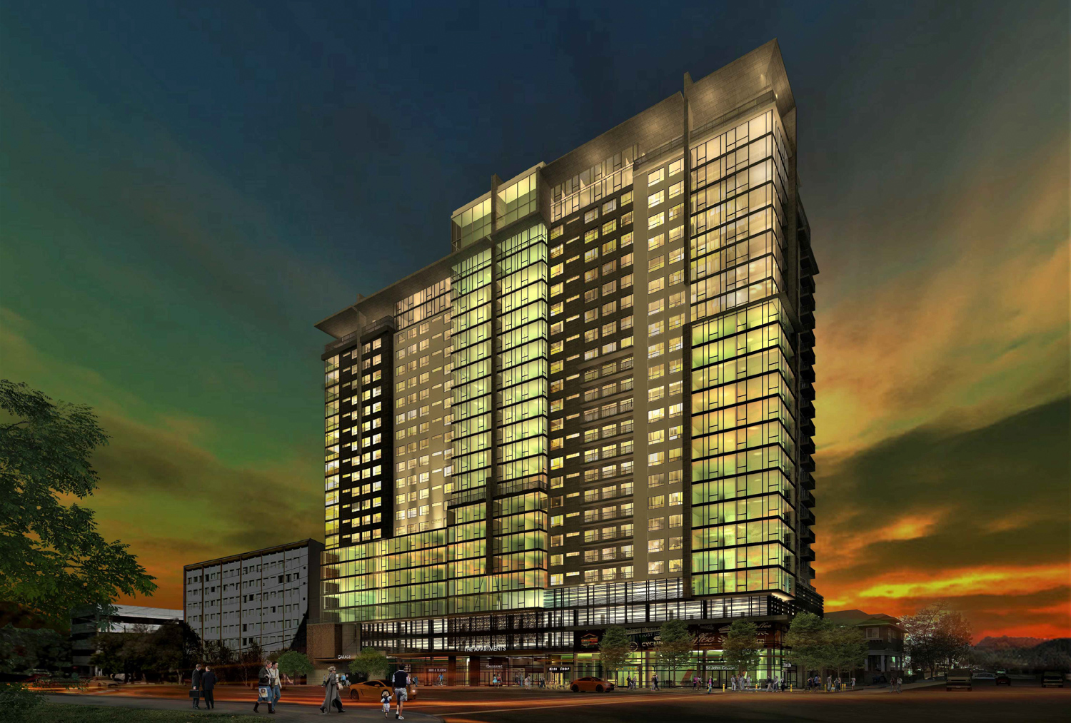 Student Housing at 100 North 4th Street evening view, rendering by LPMD Architects