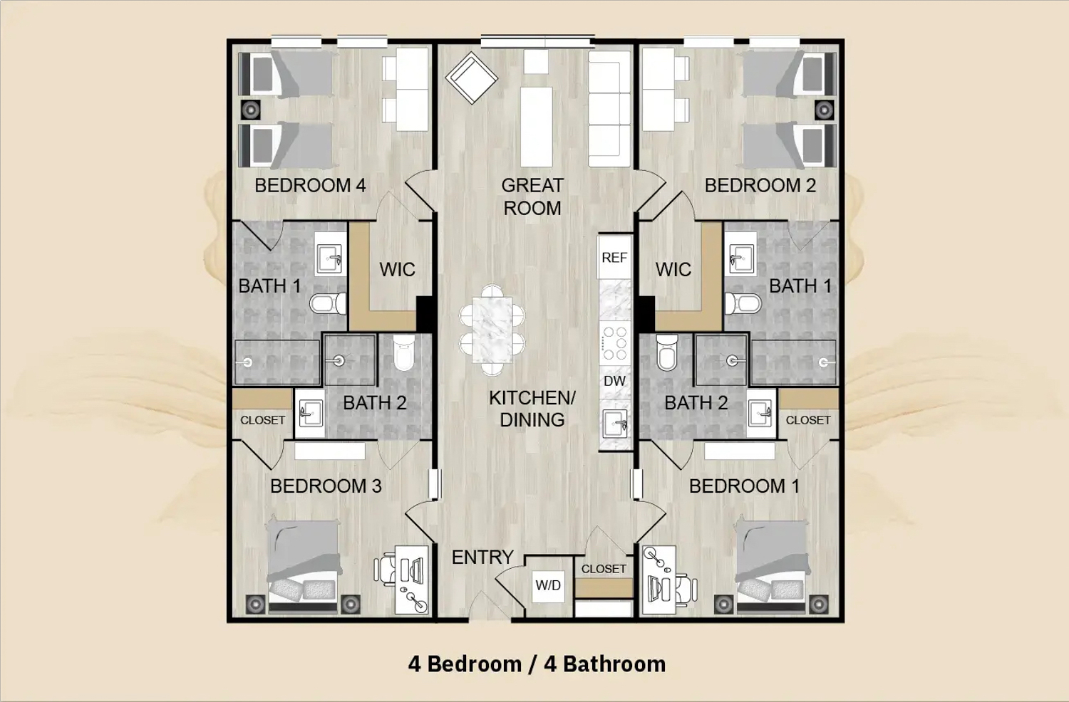 The Refuge apartment floor plan, illustration by PadStyler