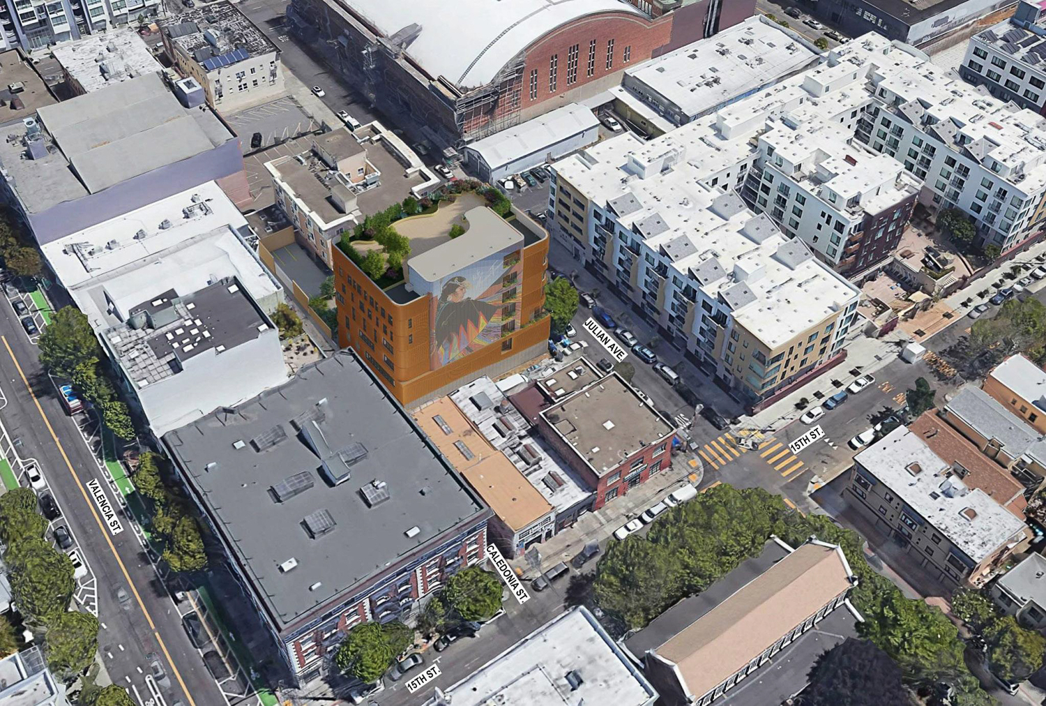 The Village SF at 80 Julian Avenue aerial view, rendering by PYATOK
