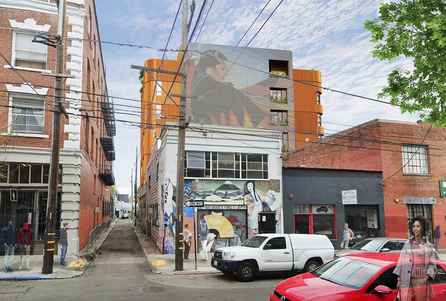 The Village SF at 80 Julian Avenue mural seen from 15th Street, rendering by PYATOK