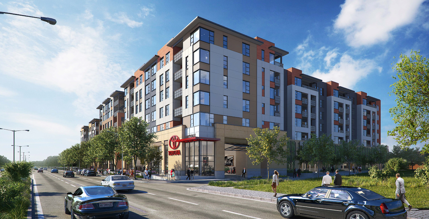 1124 West El Camino Real vehicle view from the six-lane thoroughfare, rendering by Dahlin Group
