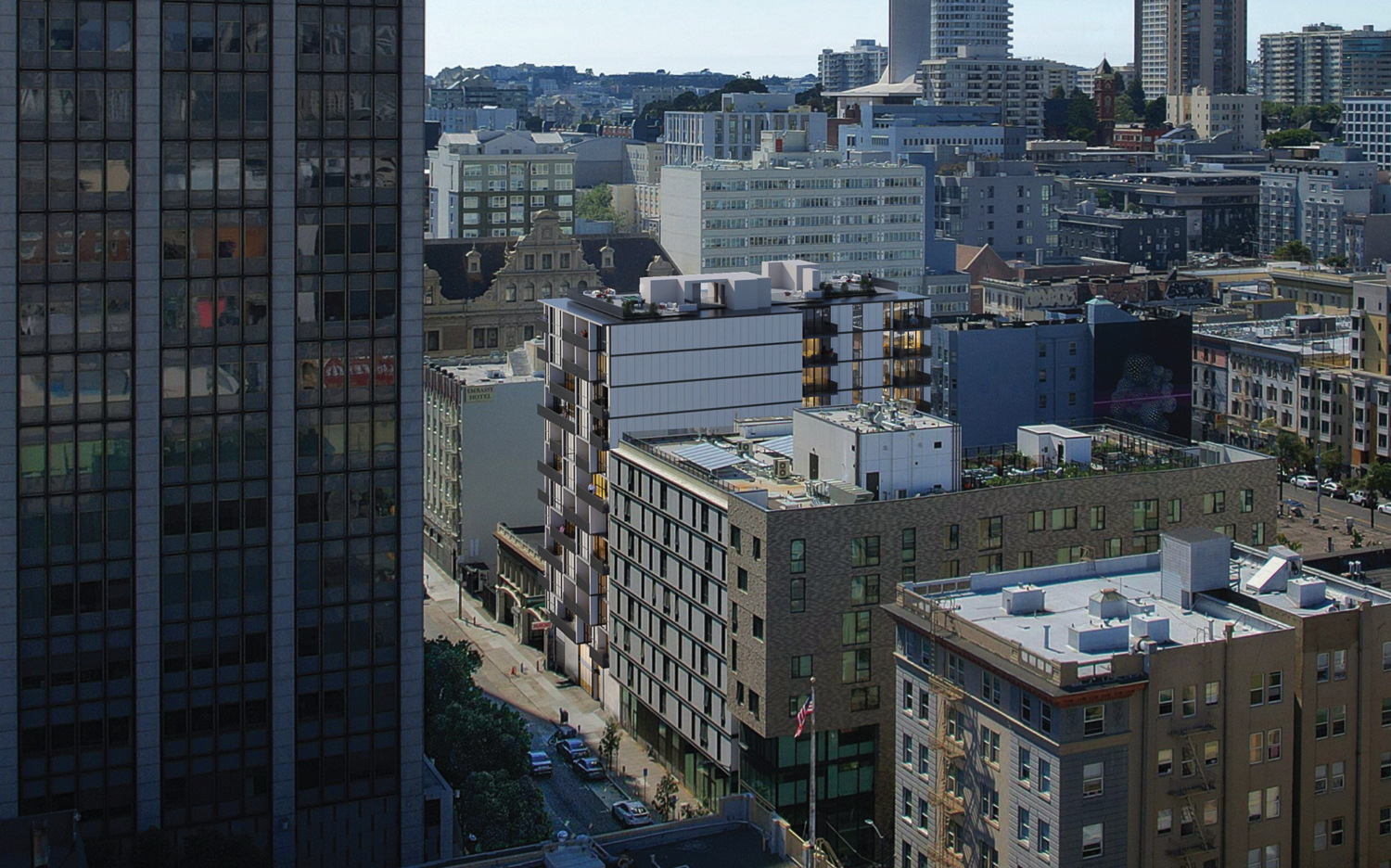 530 Turk Street aerial perspective cropped, rendering by RG Architecture