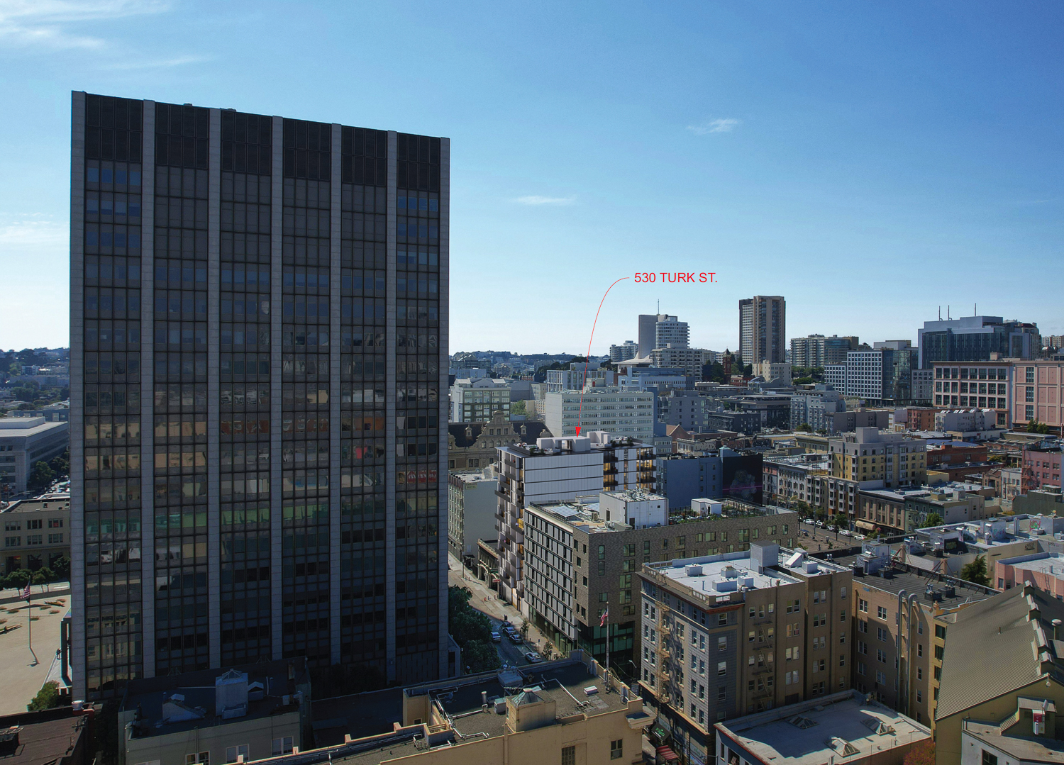 530 Turk Street aerial perspective with the Federal Building in context, rendering by RG Architecture
