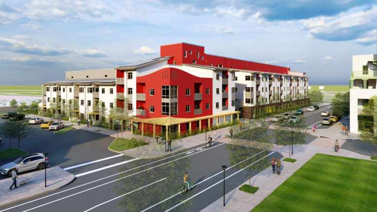 Casa Roseland Family Apartments aerial view, rendering by VMWP Architects