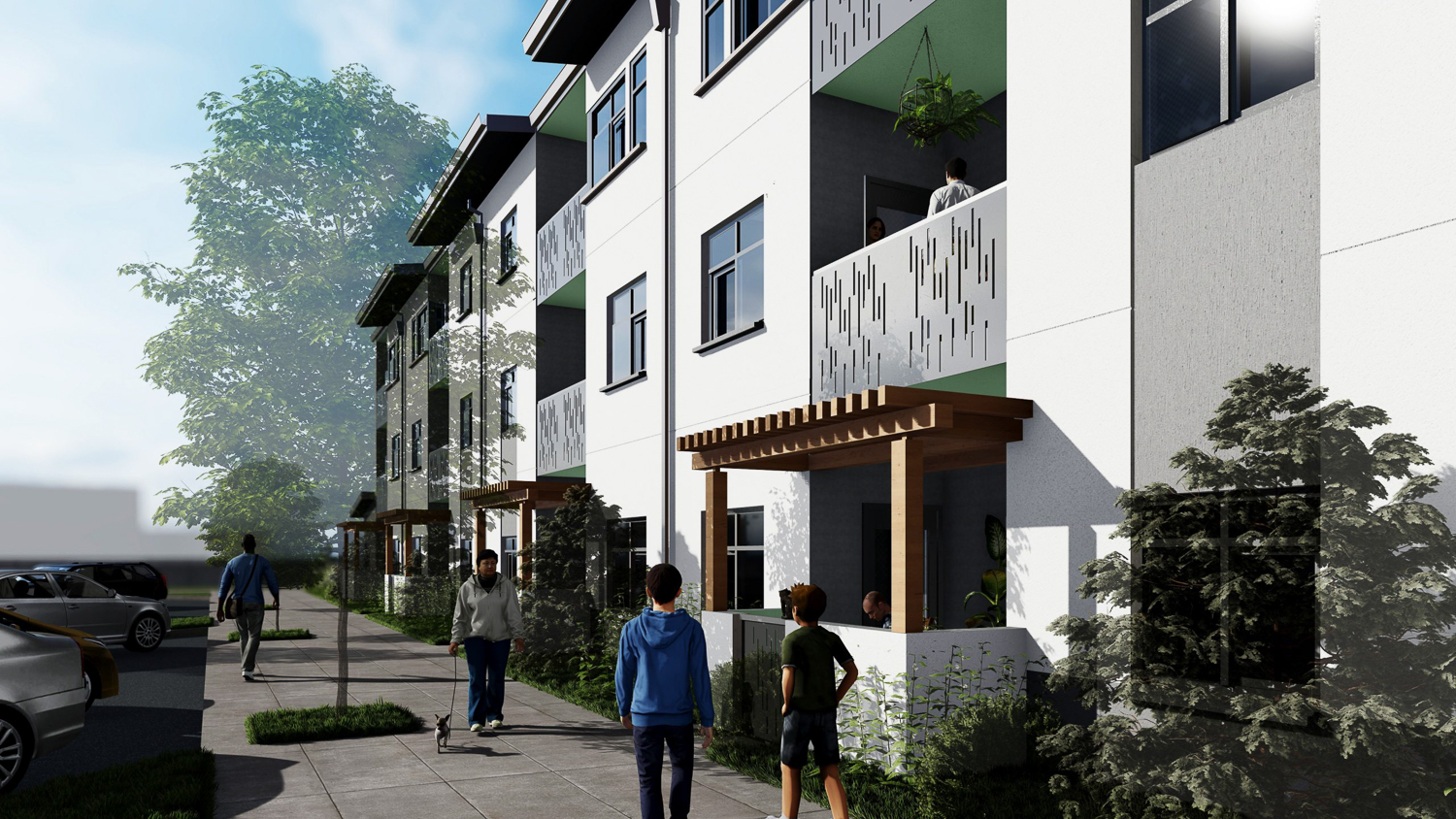 Casa Roseland Family Apartments streetscape, rendering by VMWP Architects