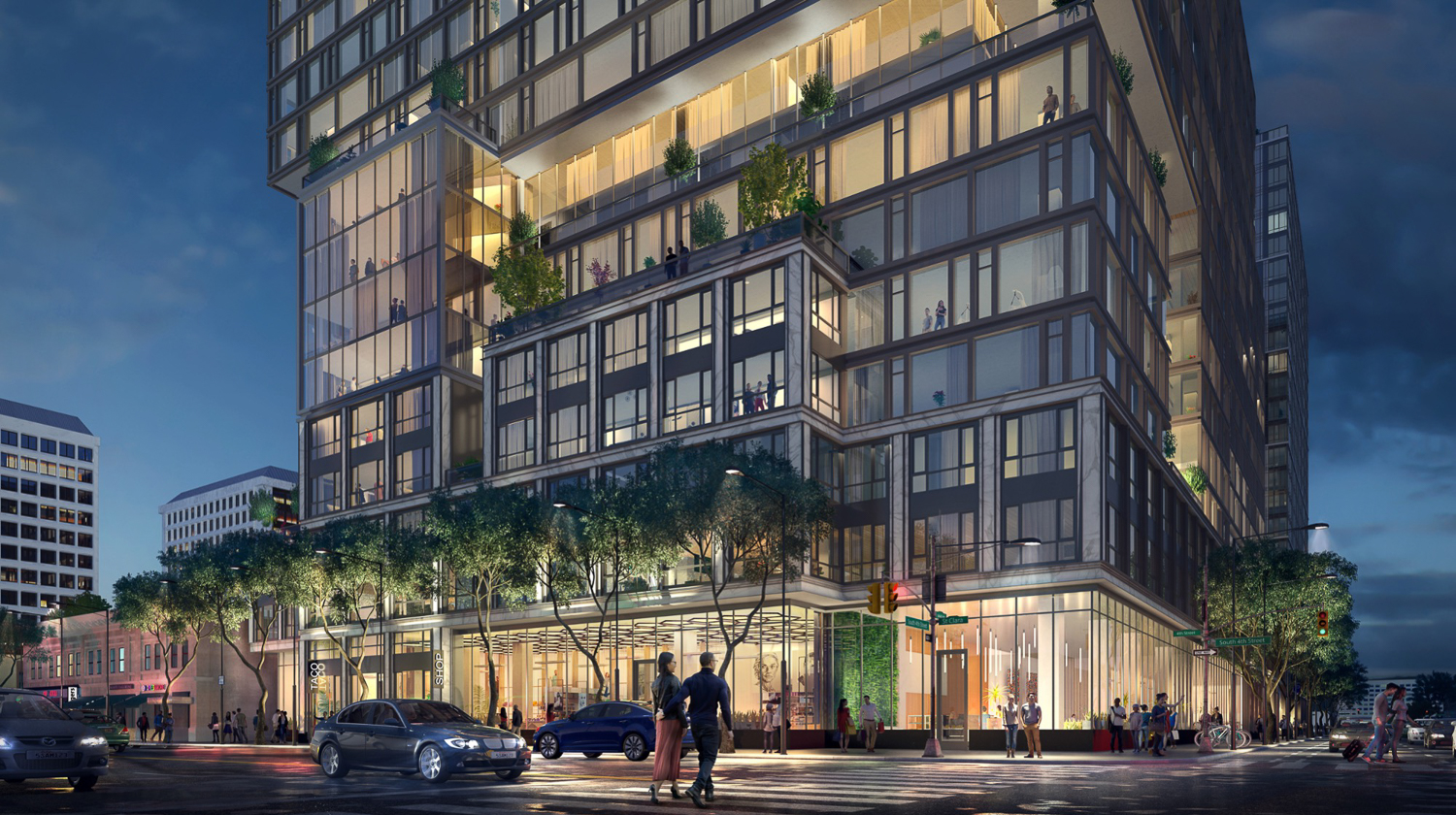 Icon Tower pedestrian view over East Santa Clara Street, rendering by Urban Catalyst