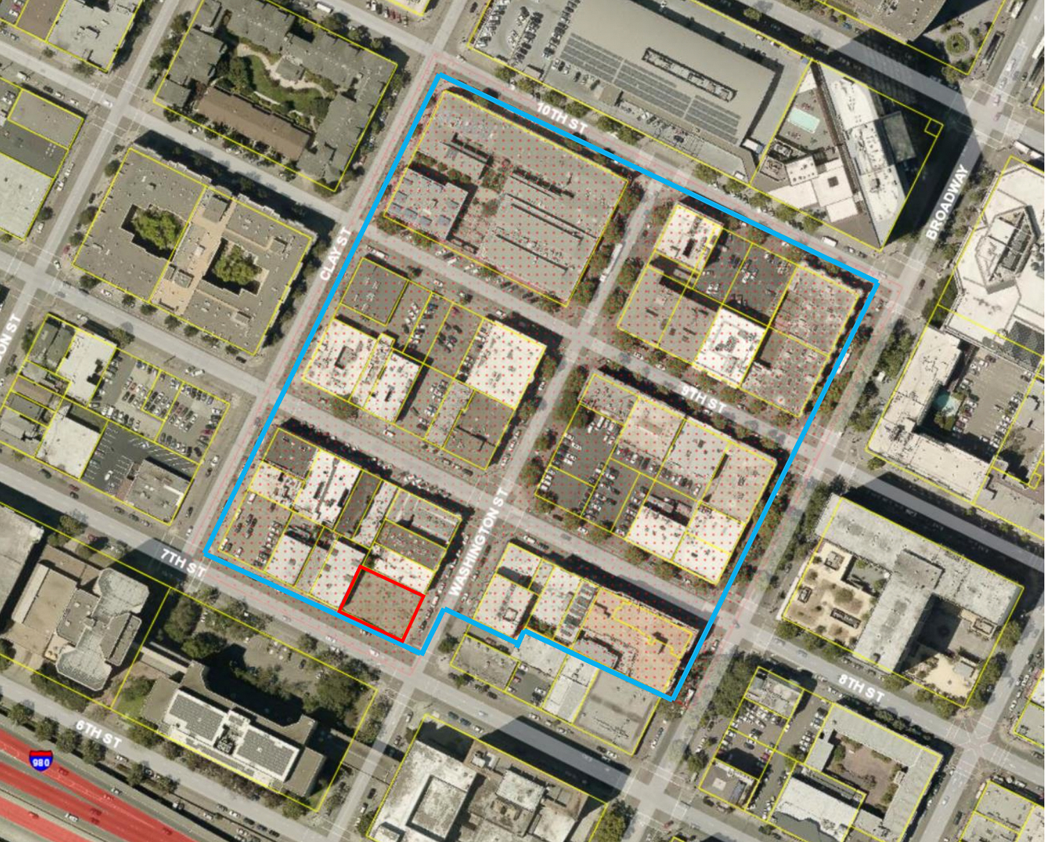 Old Oakland Historic District outlined in blue, with 707 Washington outlined in red, image by Page & Turnbull