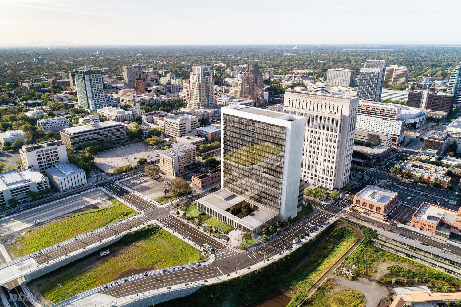 Sacramento Courthouse Building aerial view, rendering by NBBJ