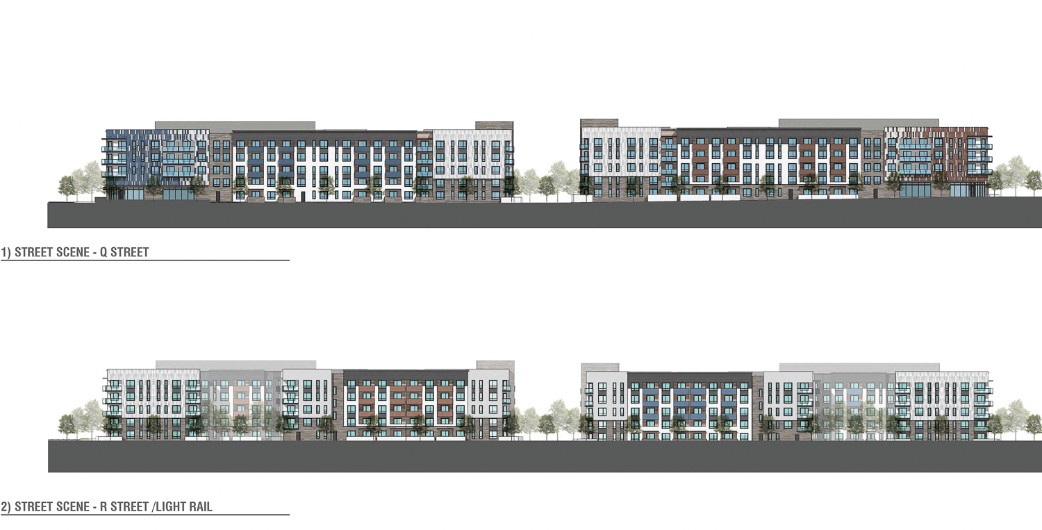2100 Q Street facade elevation along Q Street (top) and R Street (bottom), illustrations by TCA