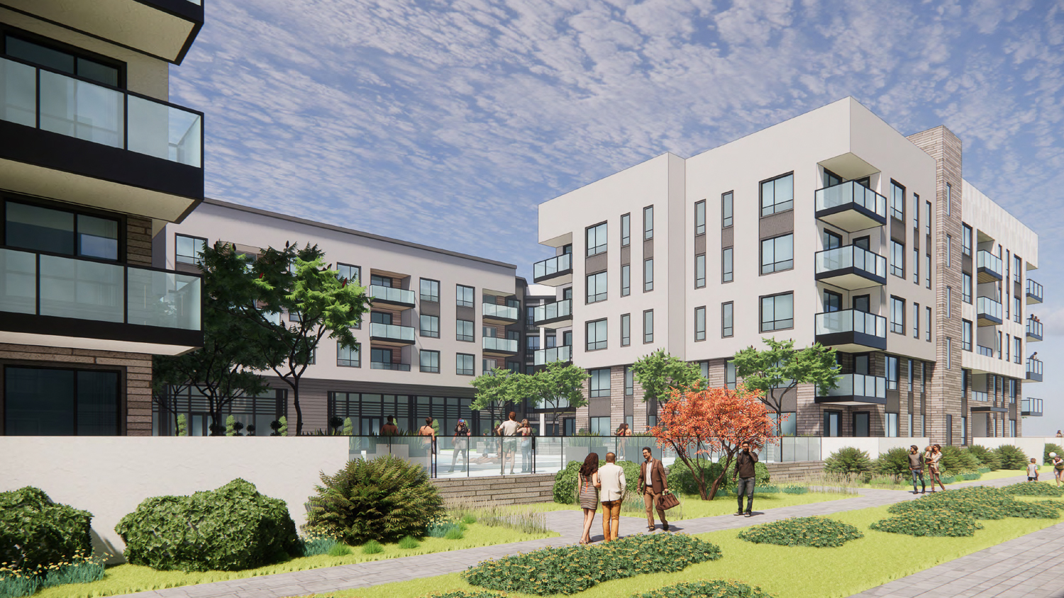 2100 Q Street view of the mid-block amenity space from the public paseo, rendering by TCA