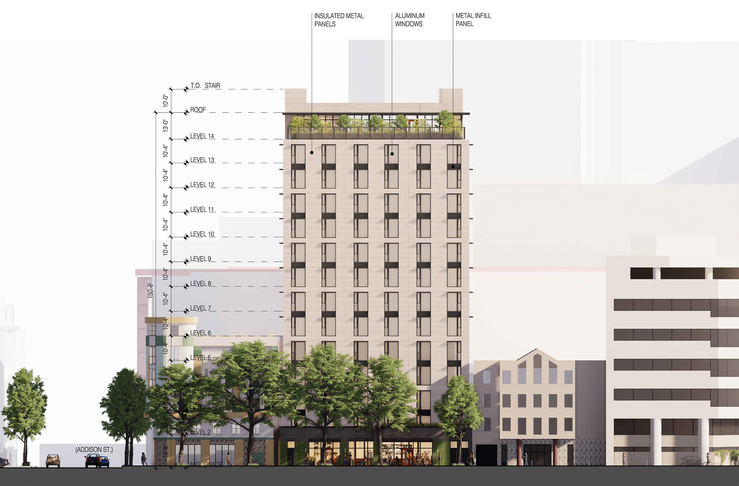 2109 Milvia Street facade elevation, illustration by Trachtenberg Architects