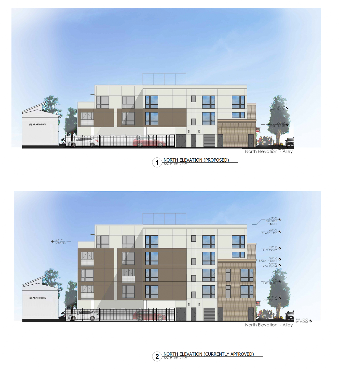2131 16th Street updated (top) and previously approved (bottom) elevations, illustration by LCA Architects