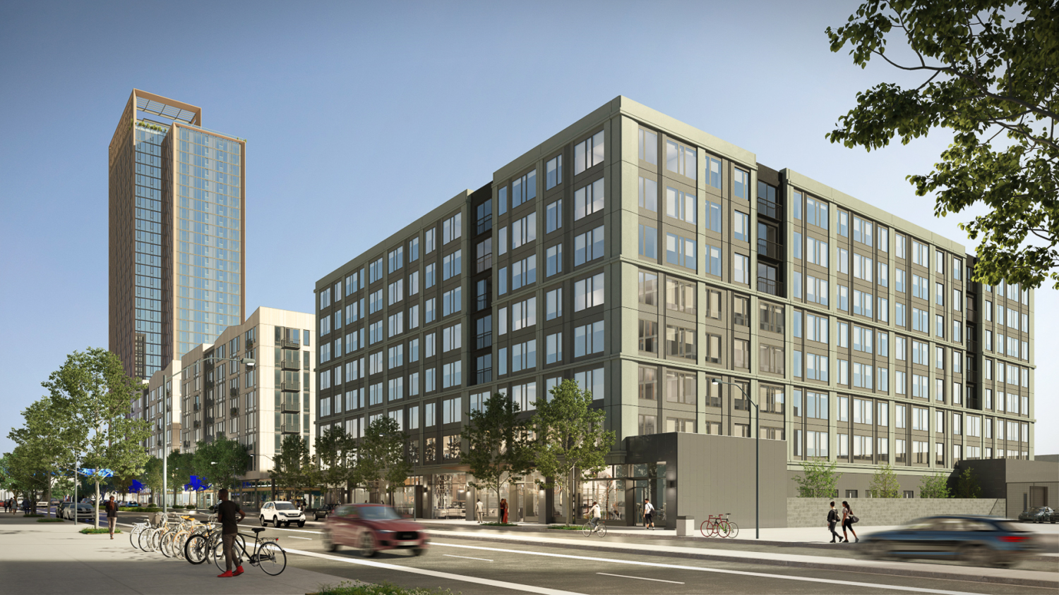 533 Kirkham Street with the potential 32-story tower at 500 Kirkham Street in view, rendering by Solomon Cordwell Buenz