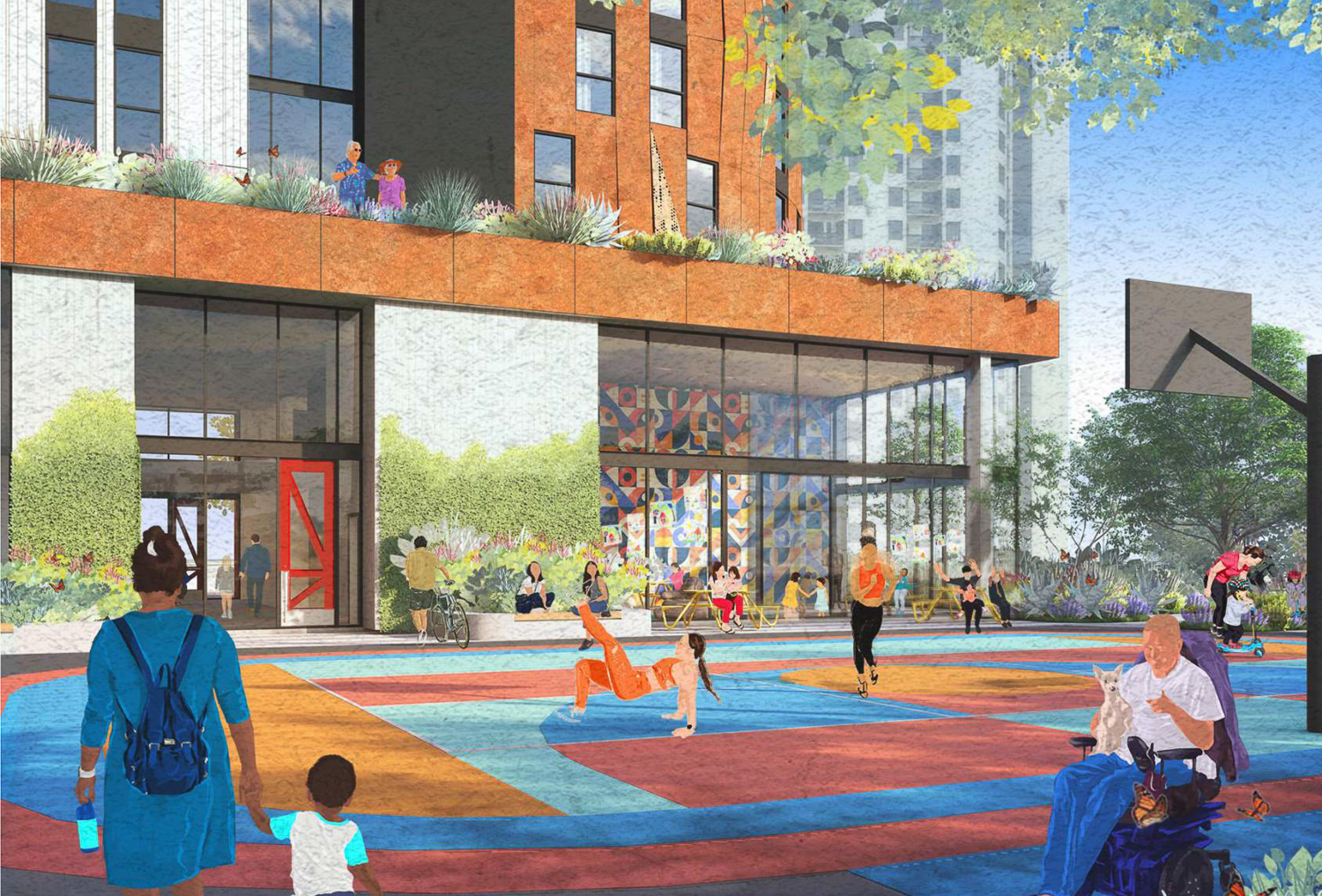 6150 Christie Avenue half-court in the Christie Park extension, rendering by David Baker Architects
