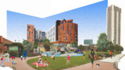6150 Christie Avenue seen from Christie Park, rendering by David Baker Architects