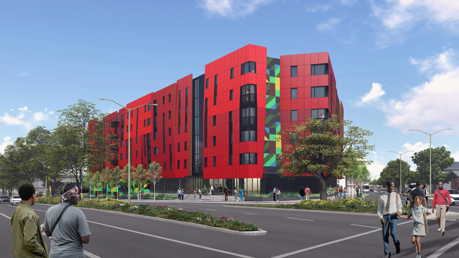 Liberation Park Affordable Housing seen from across 73rd Avenue, rendering by Y.A. Studio