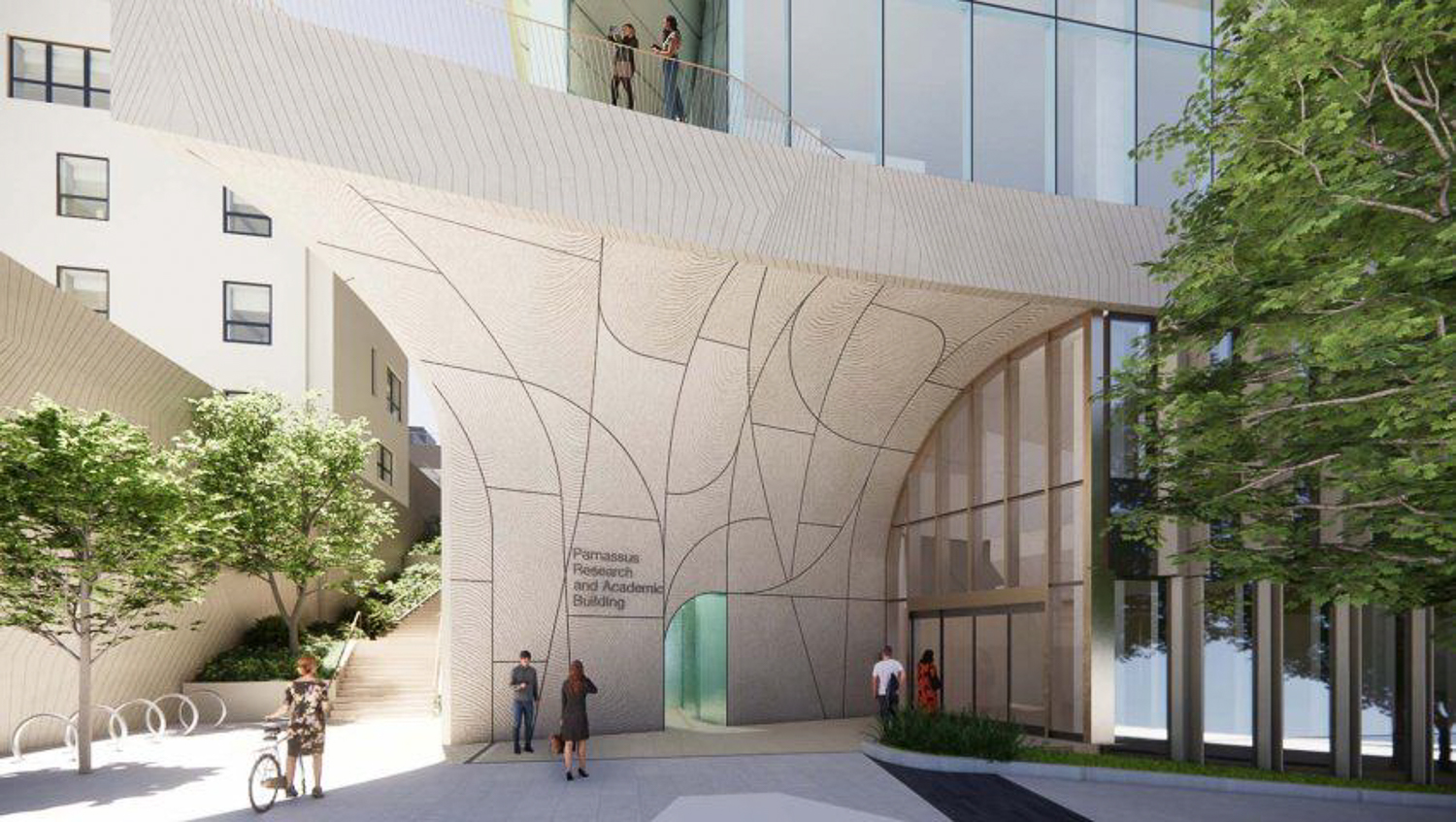 Parnassus Research and Academic Building entrance, rendering by Snøhetta