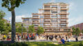The Rise apartments and retail seen from a green space, rendering by Kohn Pedersen Fox
