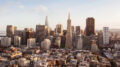 Transamerica Redevelopment aerial view, with Three Transamerica renderings on the leftside of the pyramid, rendering by Foster + Partners