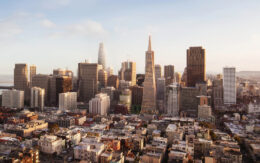 Transamerica Redevelopment aerial view, with Three Transamerica renderings on the leftside of the pyramid, rendering by Foster + Partners