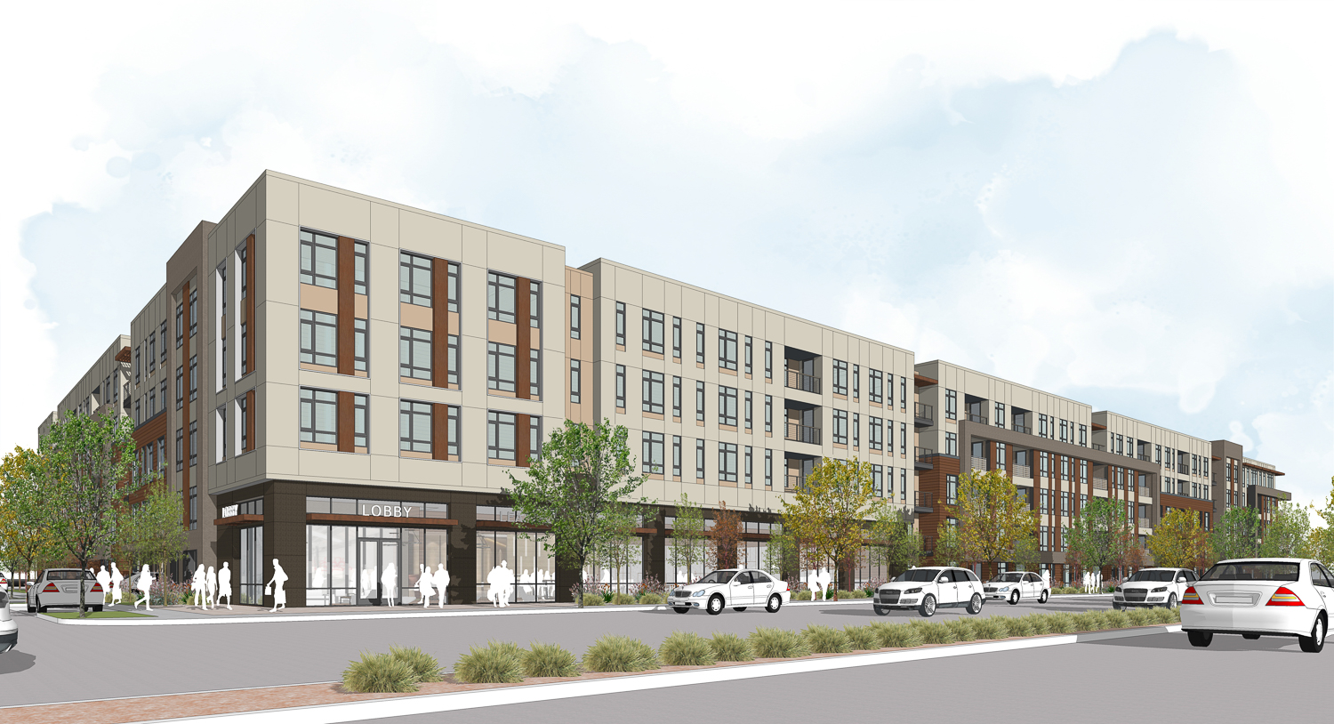 University Station apartment complex overlooking El Camino Real, rendering by KTGY
