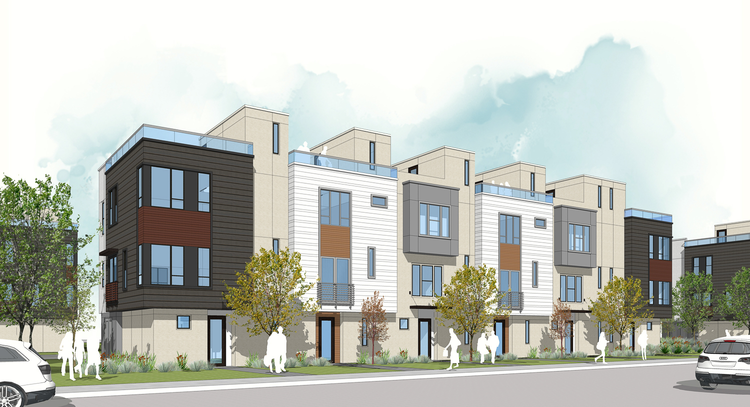 University Station development townhomes view, rendering by KTGY