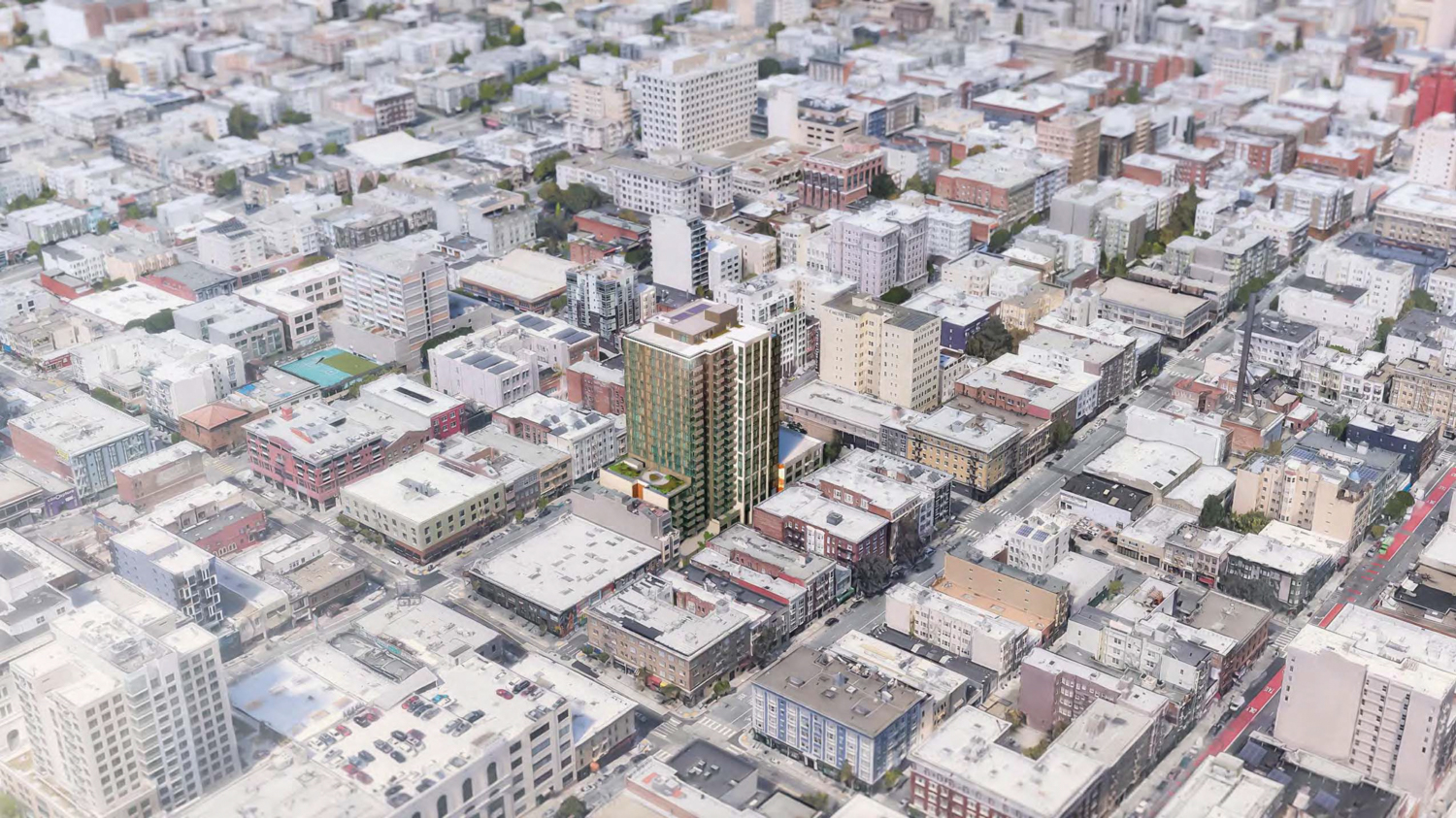 1101-1123 Sutter Street aerial view from southwest, rendering by David Baker Architects