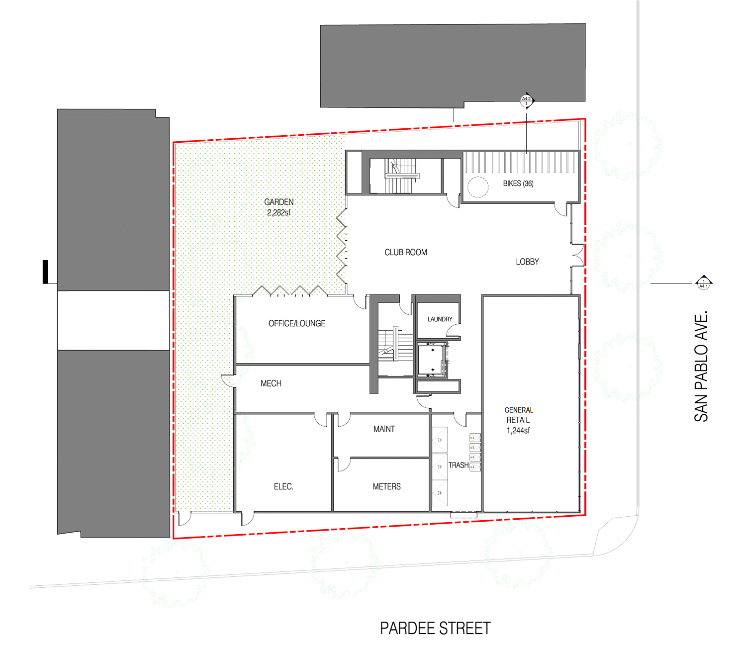 2720 San Pablo Avenue ground-level floor plan, illustration by Trachtenberg Architects