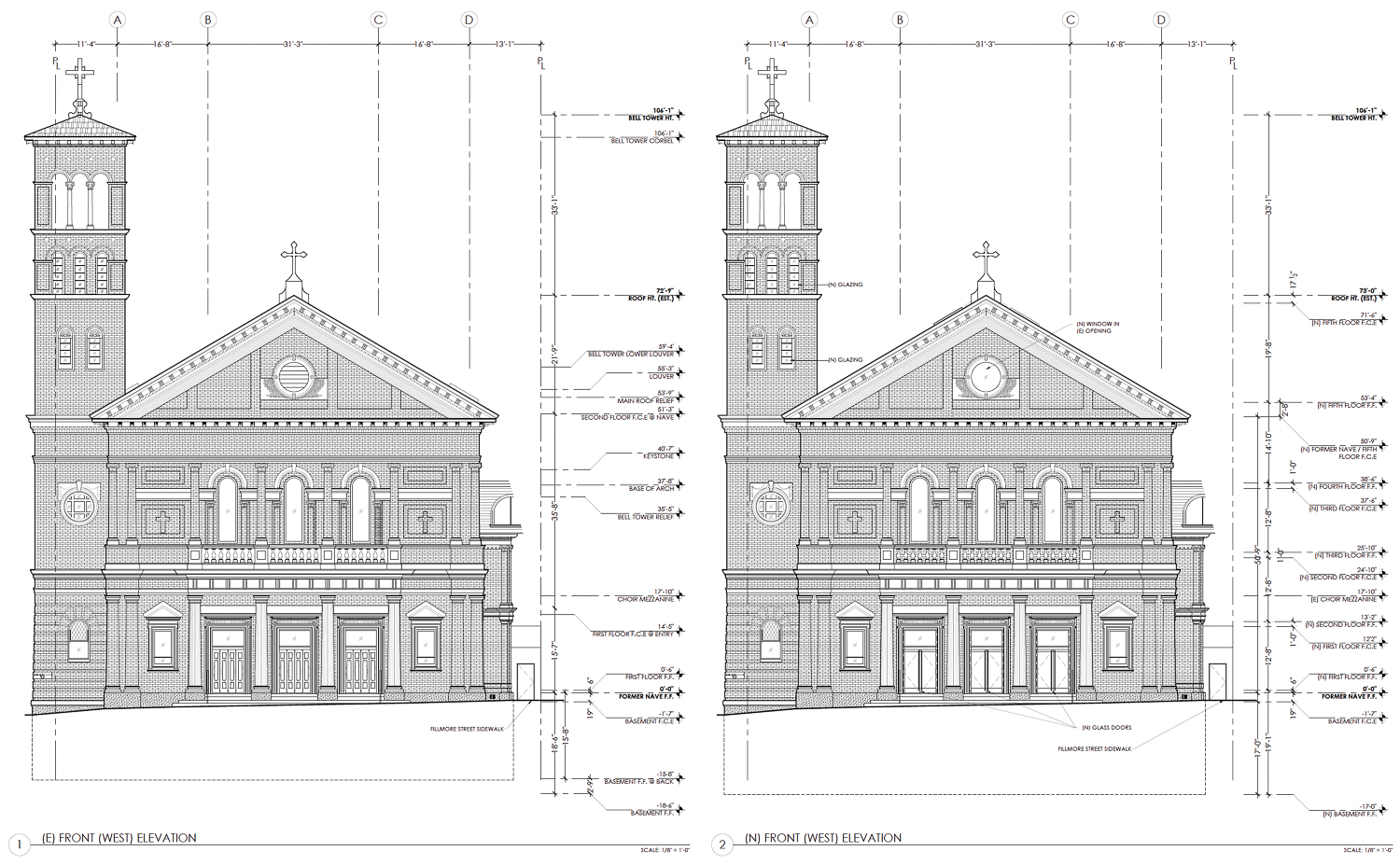 554 Fillmore Street front facade elevation showing existing condition (left) and proposed changes (right), illustration by Architects SF