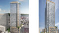 657 Harrison Street aerial view (left) and pedestrian view (right), rendering by Solomon Cordwell Buenz