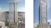 657 Harrison Street aerial view (left) and pedestrian view (right), rendering by Solomon Cordwell Buenz
