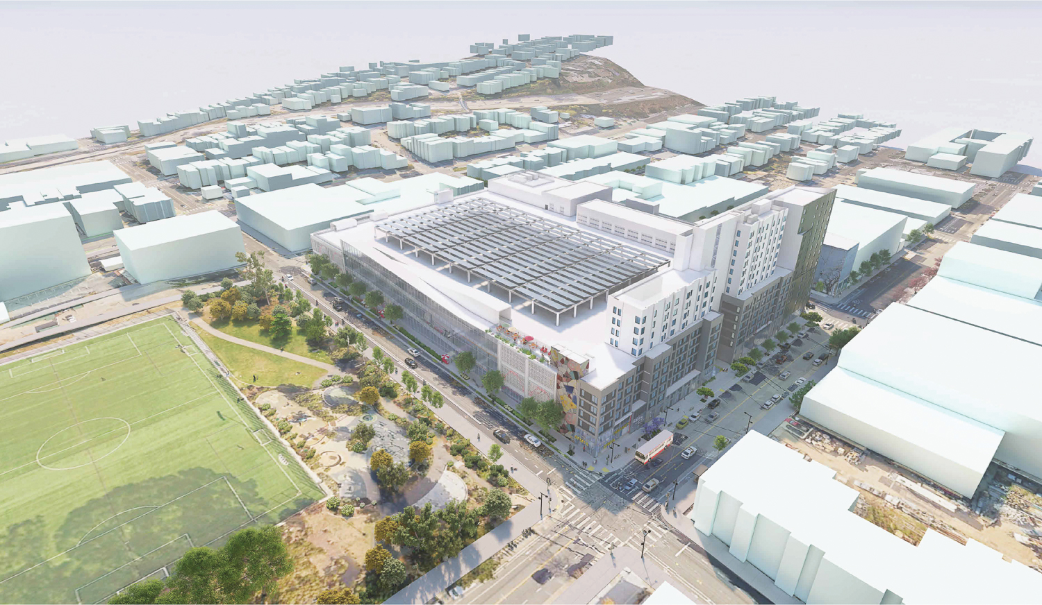 SFMTA Potrero Yard Redevelopment Refined Project Variant aerial view, rendering by Arcadis
